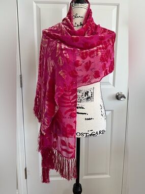 Lucy Silk Floral Pink and Gold Scarf with fringe and Velvet Texture - EUC